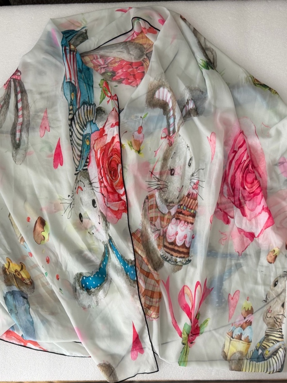 Watercolor Bunny Scarf Storybook Rabbit Long Luxury Wrap Rare Whimsical - Picture 7 of 8